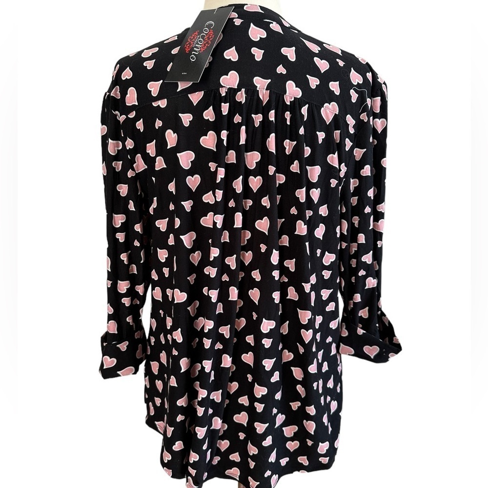 COCOMO 1X Black Pink hearts Plus Size 3/4 sleeve women’s Pintuck tunic blouse - Picture 2 of 13